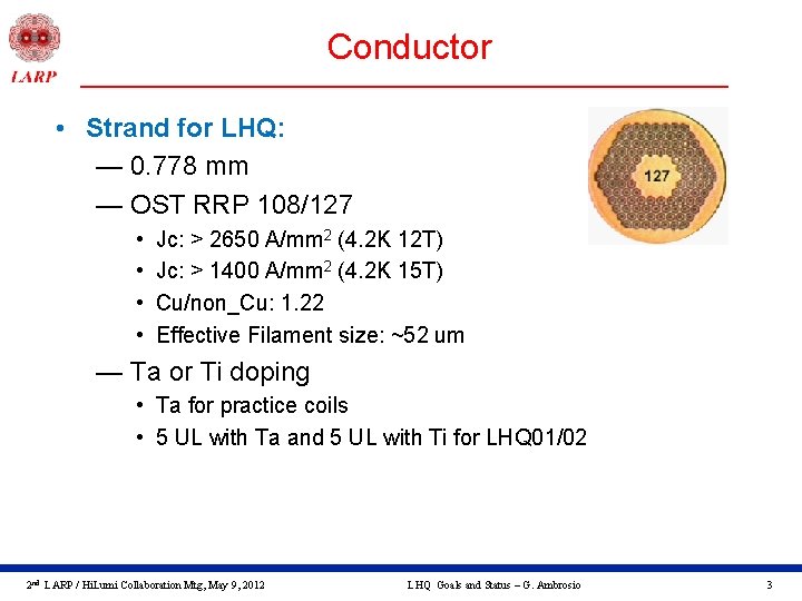 Conductor • Strand for LHQ: — 0. 778 mm — OST RRP 108/127 •