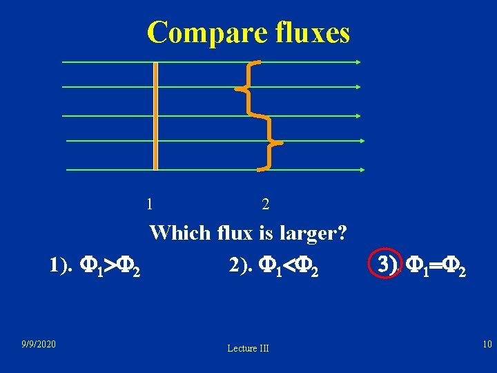 Compare fluxes 1 2 Which flux is larger? 1). F 1>F 2 2). F