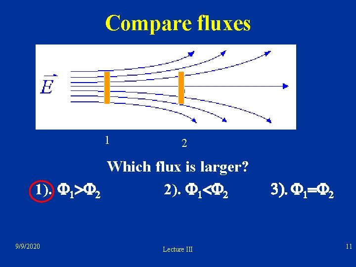 Compare fluxes 1 2 Which flux is larger? 1). F 1>F 2 2). F