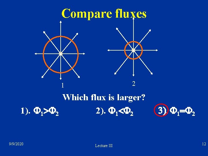 Compare fluxes 2 1 Which flux is larger? 1). F 1>F 2 2). F