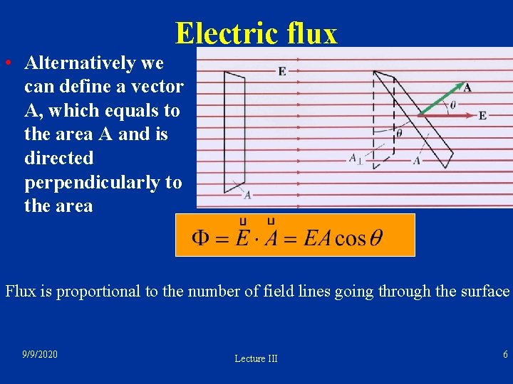 Electric flux • Alternatively we can define a vector A, which equals to the