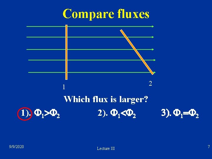 Compare fluxes 2 1 Which flux is larger? 1). F 1>F 2 2). F