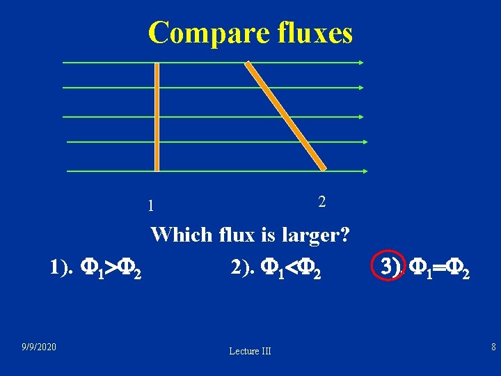 Compare fluxes 2 1 Which flux is larger? 1). F 1>F 2 2). F