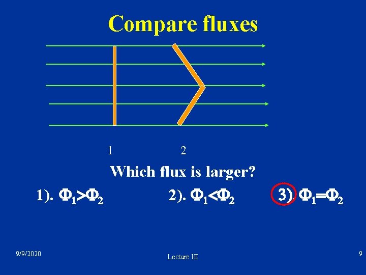 Compare fluxes 1 2 Which flux is larger? 1). F 1>F 2 2). F