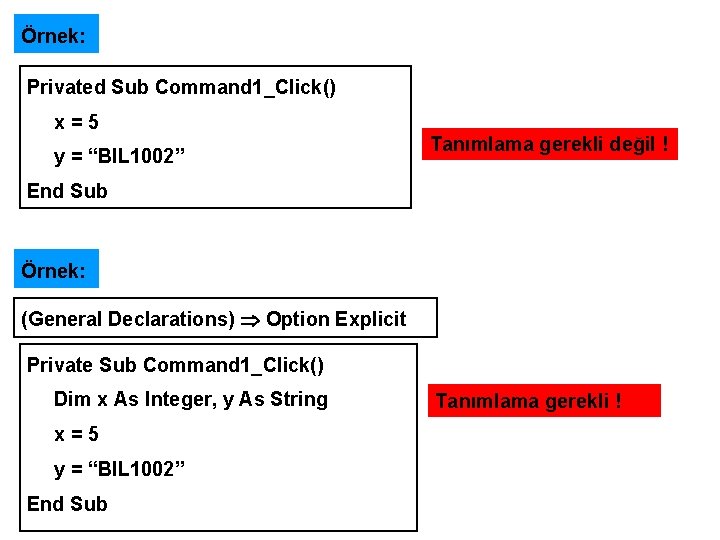 Örnek: Privated Sub Command 1_Click() x=5 y = “BIL 1002” Tanımlama gerekli değil !