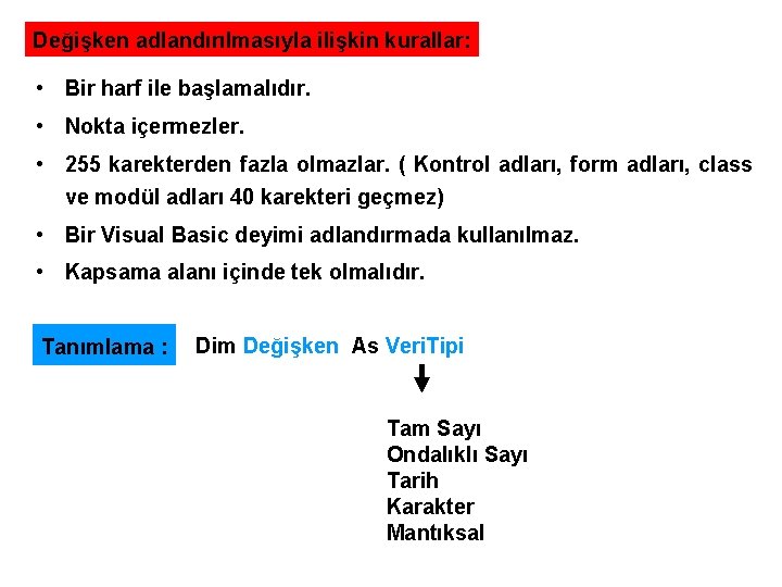 Değişken adlandırılmasıyla ilişkin kurallar: • Bir harf ile başlamalıdır. • Nokta içermezler. • 255