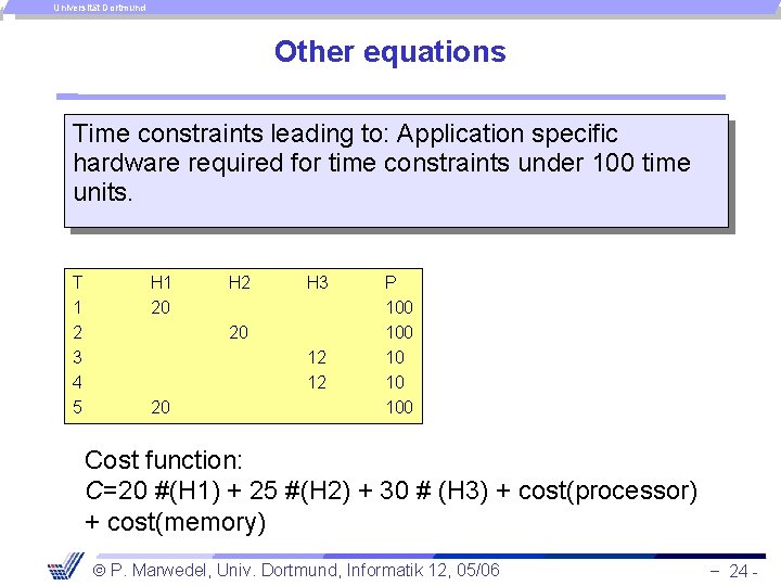 Universität Dortmund Other equations Time constraints leading to: Application specific hardware required for time