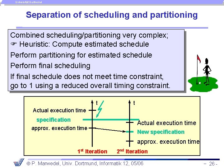 Universität Dortmund Separation of scheduling and partitioning Combined scheduling/partitioning very complex; Heuristic: Compute estimated