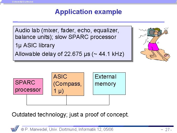 Universität Dortmund Application example Audio lab (mixer, fader, echo, equalizer, balance units); slow SPARC