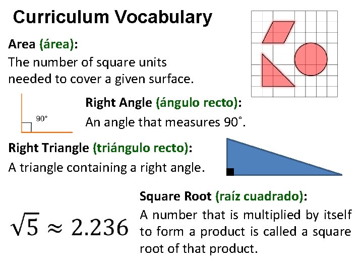 Curriculum Vocabulary Area (área): The number of square units needed to cover a given