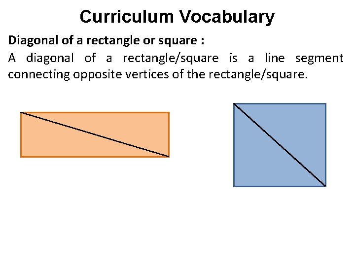 Curriculum Vocabulary Diagonal of a rectangle or square : A diagonal of a rectangle/square