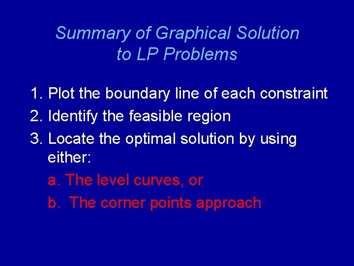 Summary of Graphical Solution to LP Problems 1. Plot the boundary line of each