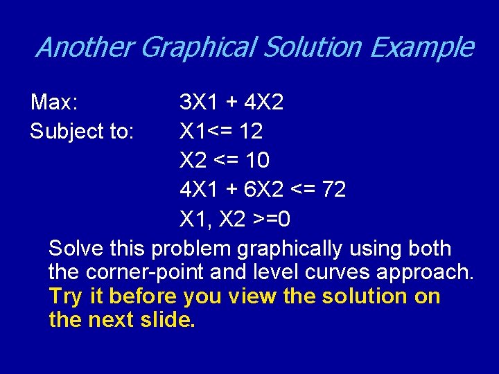Another Graphical Solution Example Max: Subject to: 3 X 1 + 4 X 2