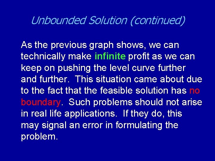 Unbounded Solution (continued) As the previous graph shows, we can technically make infinite profit
