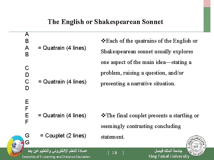 The English or Shakespearean Sonnet A B C D E F G G v.