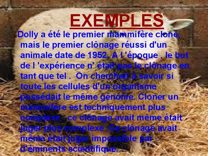 EXEMPLES Dolly a été le premier mammifère cloné, mais le premier clônage réussi d'un