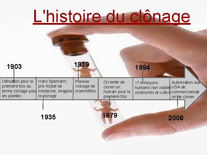 L'histoire du clônage 1939 1903 Utilisation pour la première fois du terme clonage pour