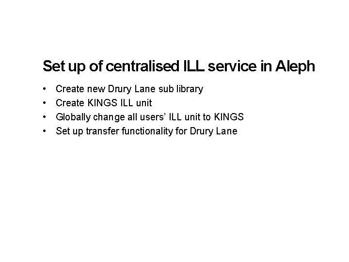 Set up of centralised ILL service in Aleph • • Create new Drury Lane