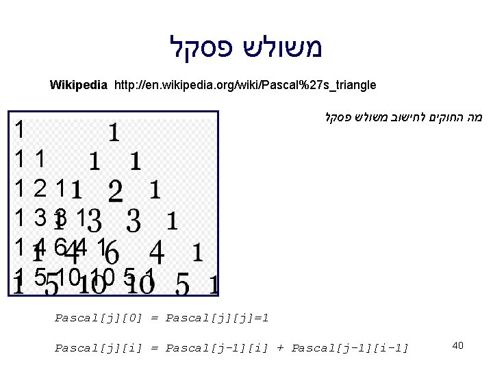  משולש פסקל Wikipedia http: //en. wikipedia. org/wiki/Pascal%27 s_triangle 1 11 121 1331 14641