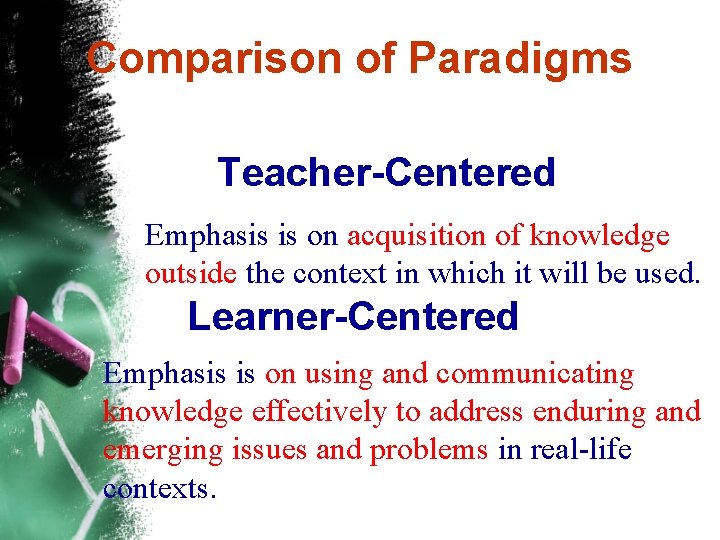 Comparison of Paradigms Teacher-Centered Emphasis is on acquisition of knowledge outside the context in