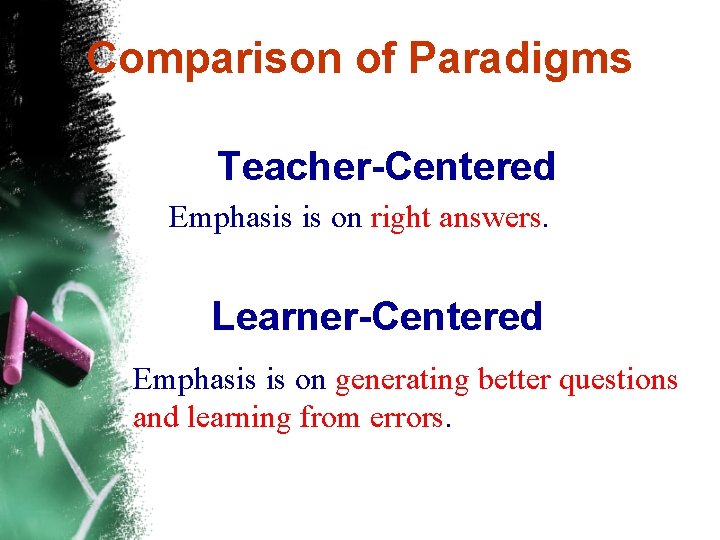 Comparison of Paradigms Teacher-Centered Emphasis is on right answers. Learner-Centered Emphasis is on generating