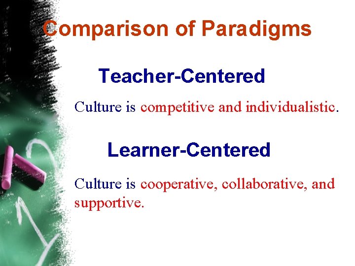 Comparison of Paradigms Teacher-Centered Culture is competitive and individualistic. Learner-Centered Culture is cooperative, collaborative,