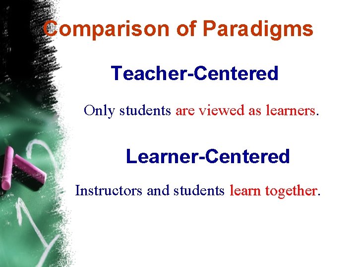 Comparison of Paradigms Teacher-Centered Only students are viewed as learners. Learner-Centered Instructors and students