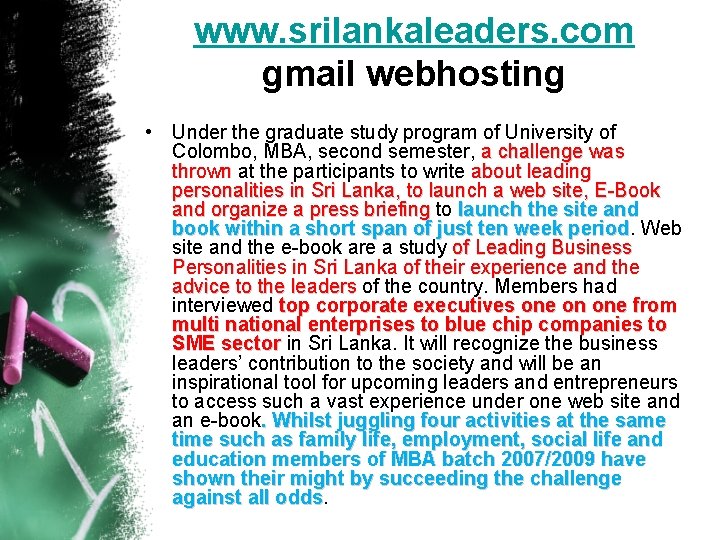 www. srilankaleaders. com gmail webhosting • Under the graduate study program of University of