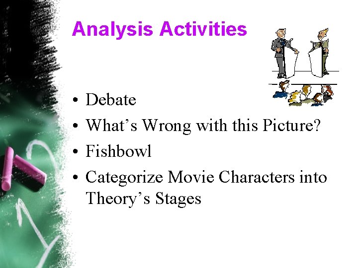 Analysis Activities • • Debate What’s Wrong with this Picture? Fishbowl Categorize Movie Characters