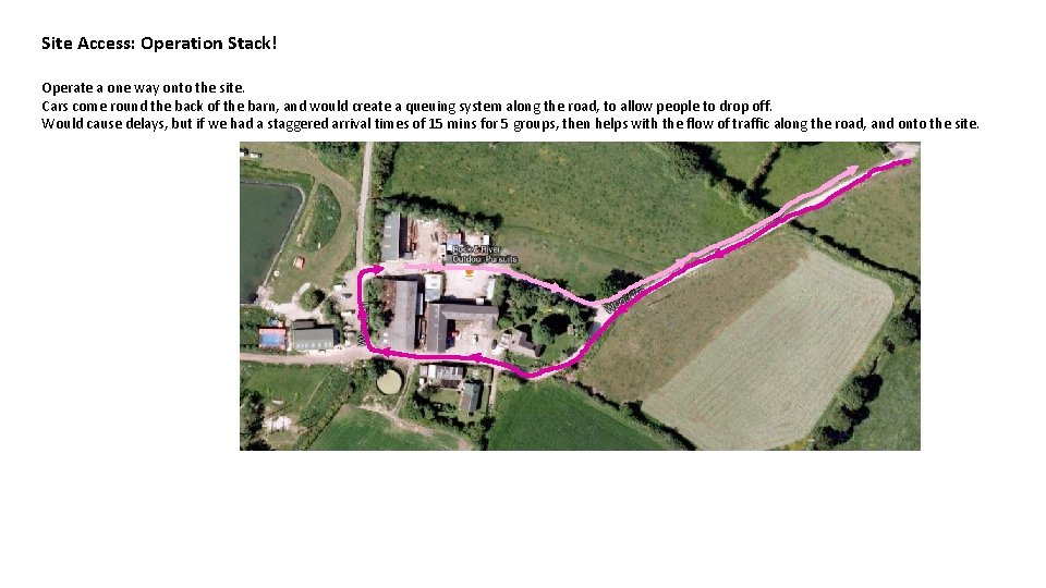 Site Access: Operation Stack! Operate a one way onto the site. Cars come round