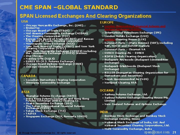 CME SPAN –GLOBAL STANDARD SPAN Licensed Exchanges And Clearing Organizations USA Ø Ø Ø