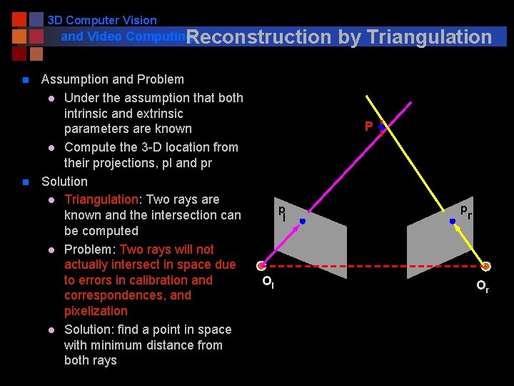 3 D Computer Vision and Video Computing Reconstruction n n Assumption and Problem l