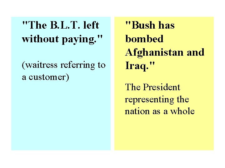 "The B. L. T. left without paying. " (waitress referring to a customer) "Bush