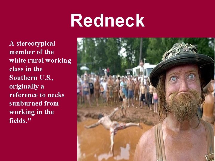 Redneck A stereotypical member of the white rural working class in the Southern U.