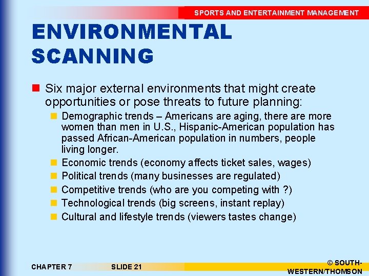 SPORTS AND ENTERTAINMENT MANAGEMENT ENVIRONMENTAL SCANNING n Six major external environments that might create