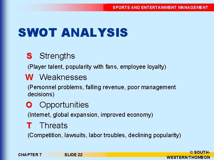 SPORTS AND ENTERTAINMENT MANAGEMENT SWOT ANALYSIS S Strengths (Player talent, popularity with fans, employee