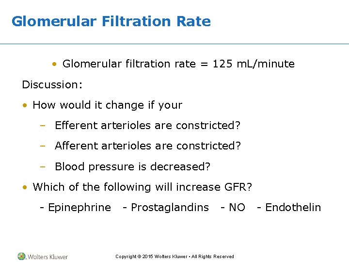 Glomerular Filtration Rate • Glomerular filtration rate = 125 m. L/minute Discussion: • How
