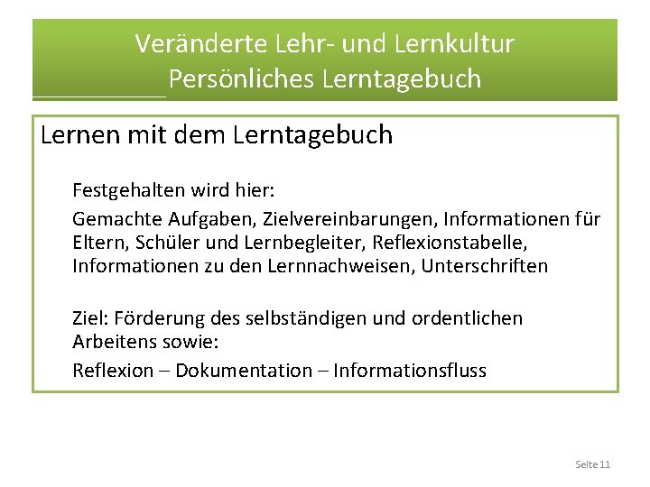 Veränderte Lehr- und Lernkultur Persönliches Lerntagebuch Lernen mit dem Lerntagebuch Festgehalten wird hier: Gemachte