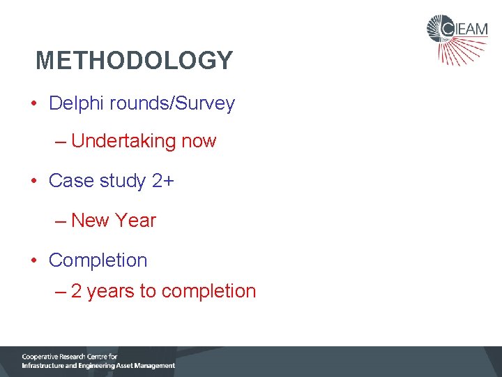 METHODOLOGY • Delphi rounds/Survey – Undertaking now • Case study 2+ – New Year