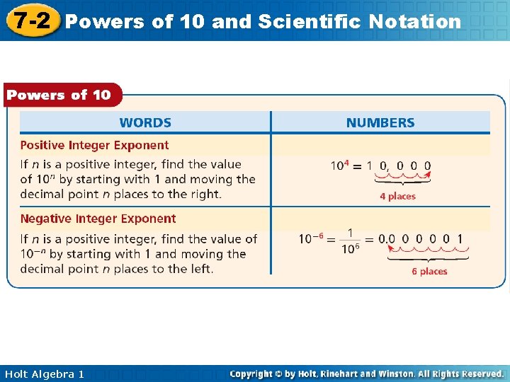 7 -2 Powers of 10 and Scientific Notation Holt Algebra 1 