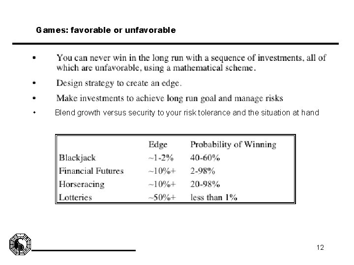 Games: favorable or unfavorable • Blend growth versus security to your risk tolerance and