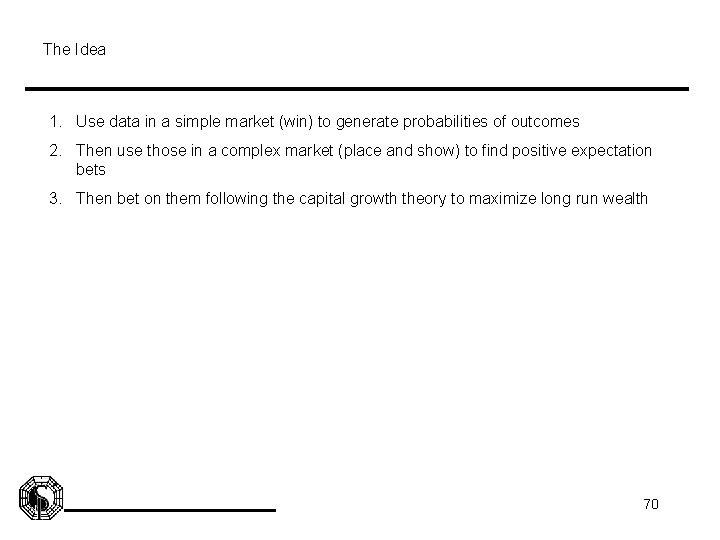 The Idea 1. Use data in a simple market (win) to generate probabilities of