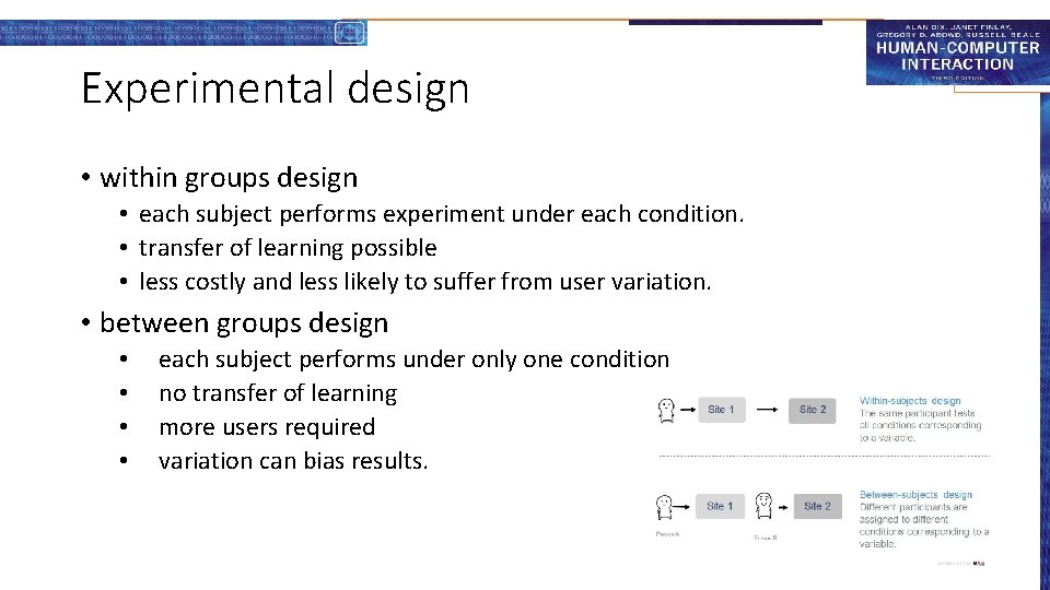 Experimental design • within groups design • each subject performs experiment under each condition.