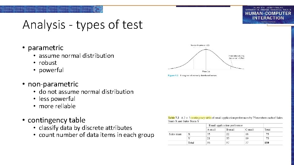 Analysis - types of test • parametric • assume normal distribution • robust •