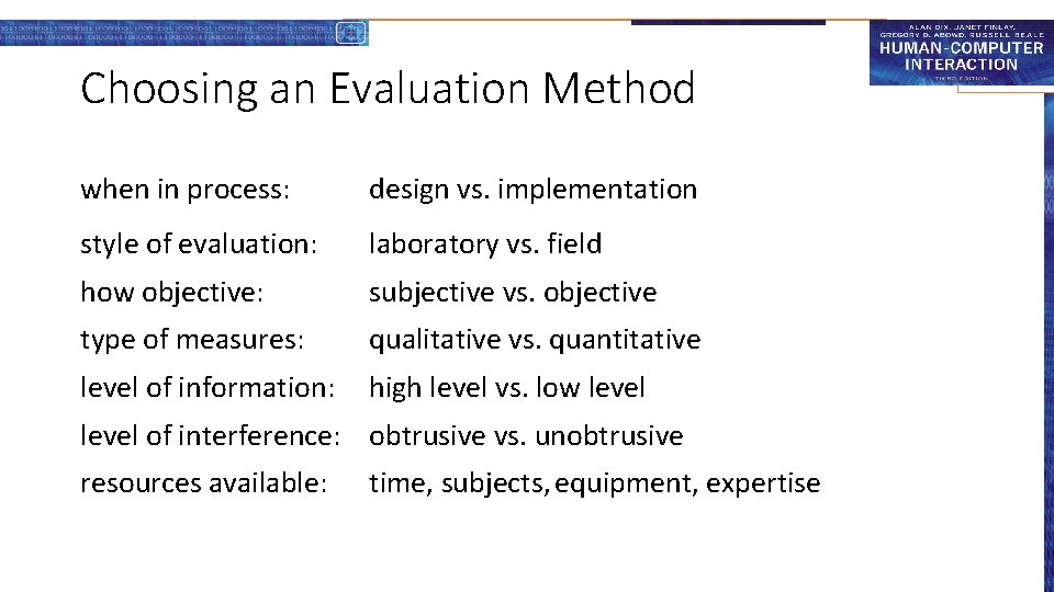 Choosing an Evaluation Method when in process: design vs. implementation style of evaluation: laboratory