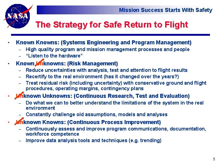 Mission Success Starts With Safety The Strategy for Safe Return to Flight • Knowns: