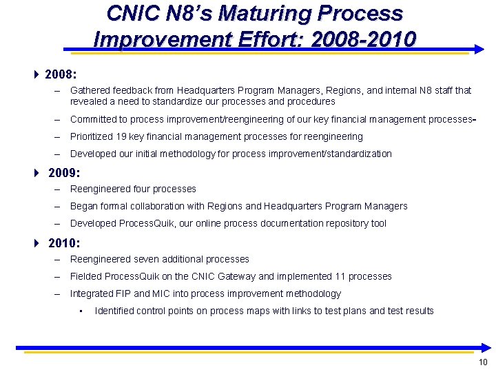 CNIC N 8’s Maturing Process Improvement Effort: 2008 -2010 2008: – Gathered feedback from