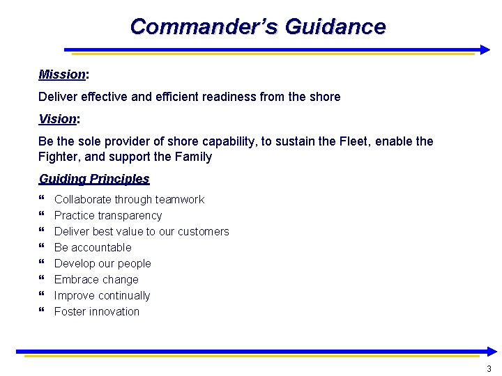 Commander’s Guidance Mission: Deliver effective and efficient readiness from the shore Vision: Be the