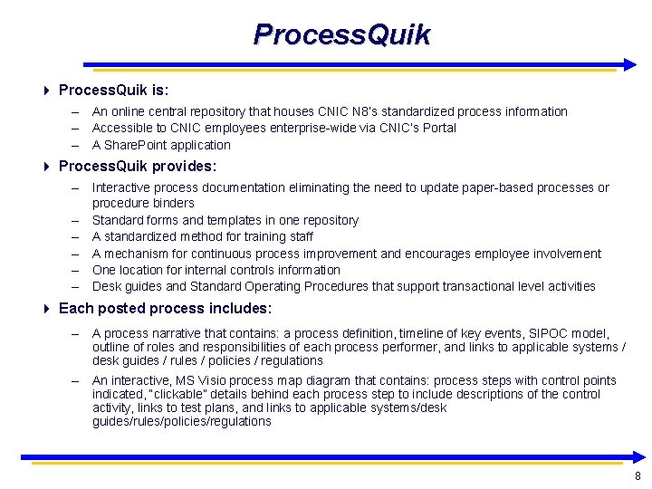 Process. Quik is: – An online central repository that houses CNIC N 8’s standardized