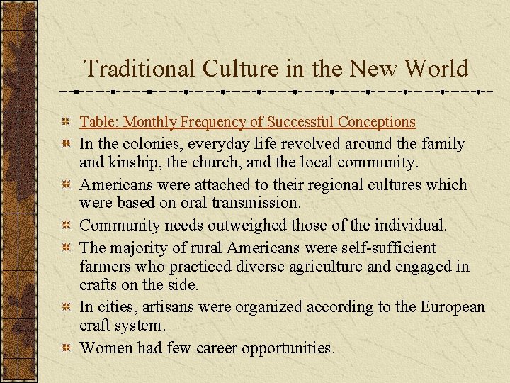 Traditional Culture in the New World Table: Monthly Frequency of Successful Conceptions In the